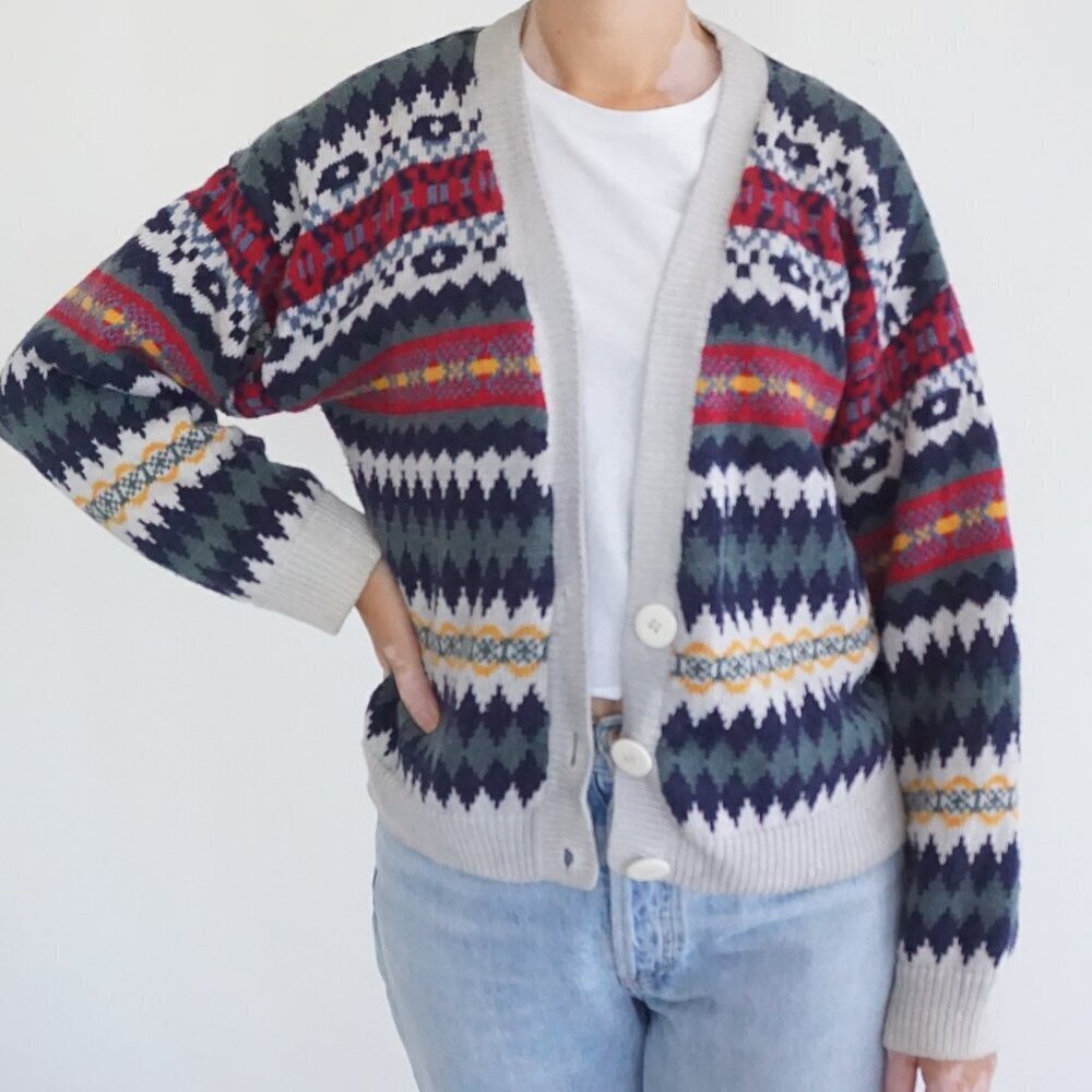 Vintage Paris Sport Club Worldwide Gray Fair Isle Geo Cotton Knit Cardigan L
